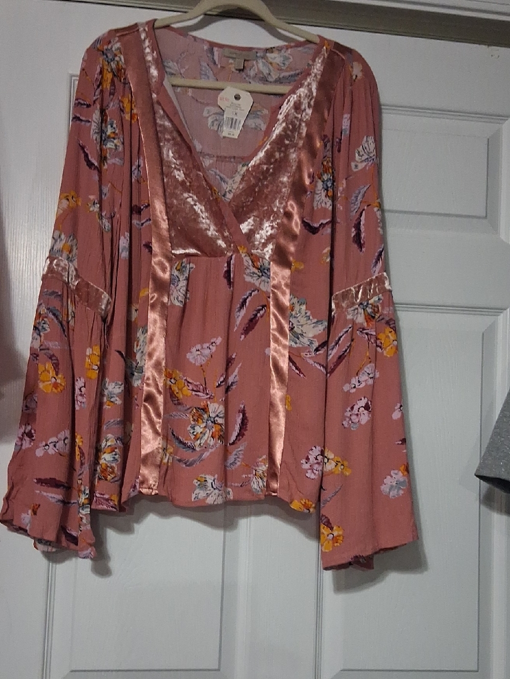 Wonderly Rose-Pink Floral Velvet-Trim Peasant Blouse Sz 1X Orig.$88 $35